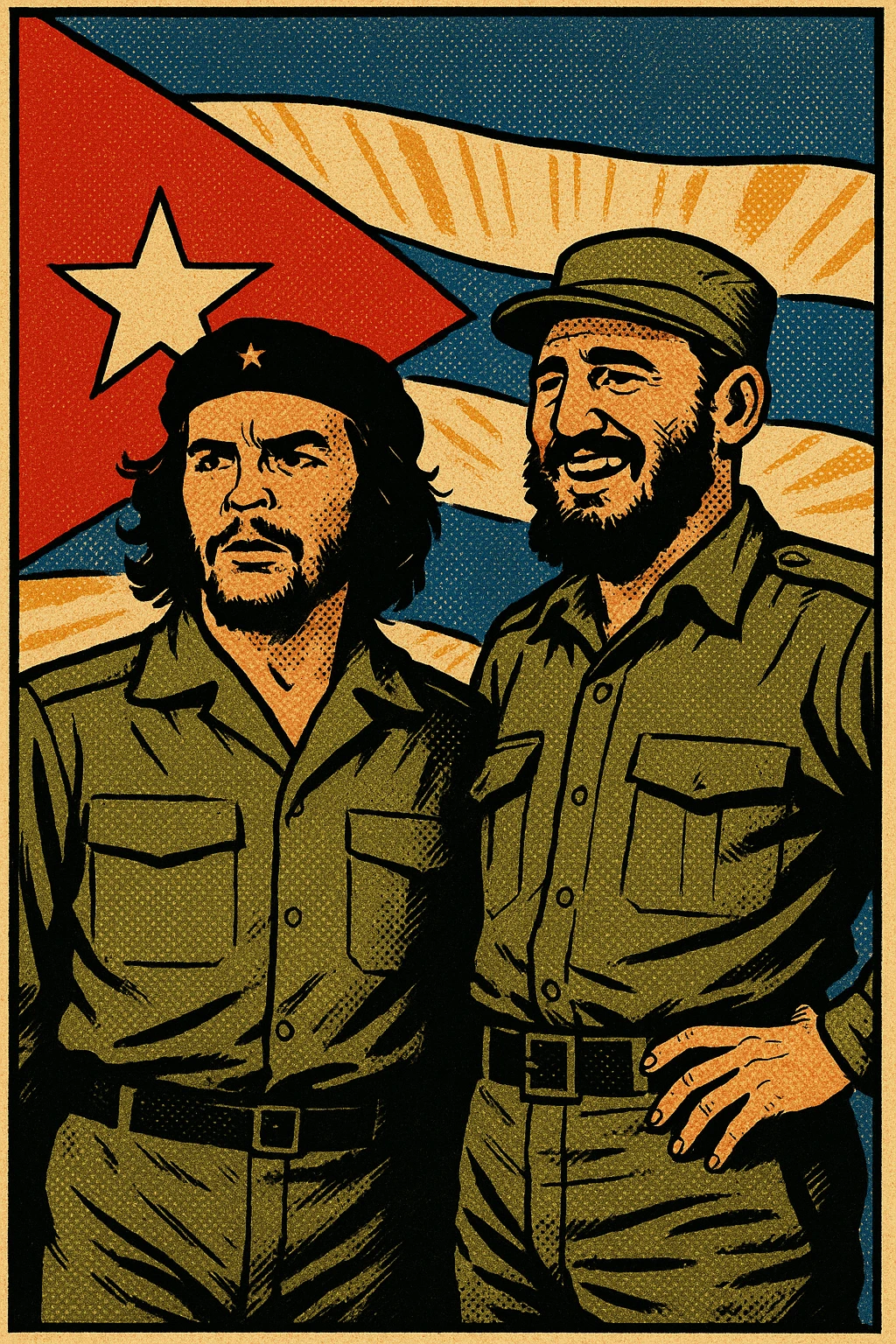 Che Guevara and Fidel Castro standing in front of a cuban flag after a revolution emoji