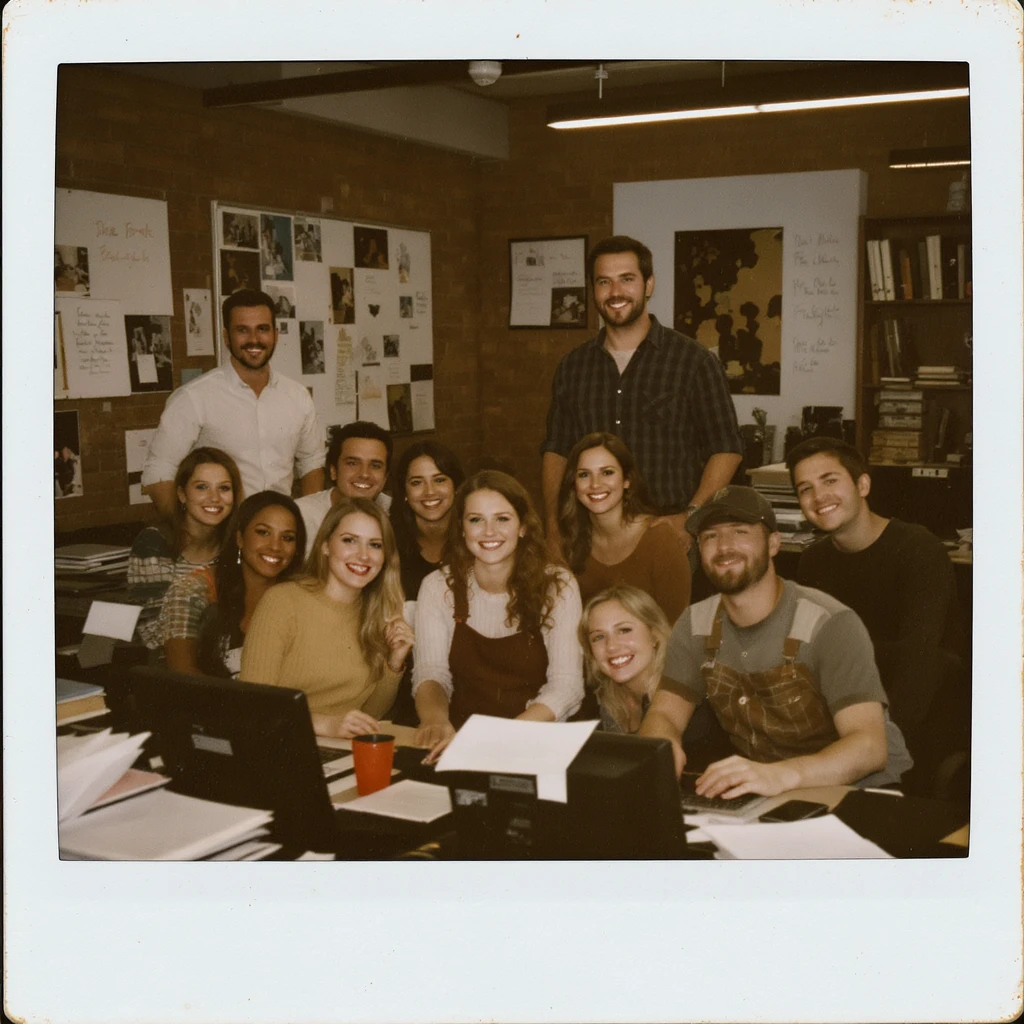 A team of eight designers and one manager, all with happy faces, working together in a creative office environment emoji