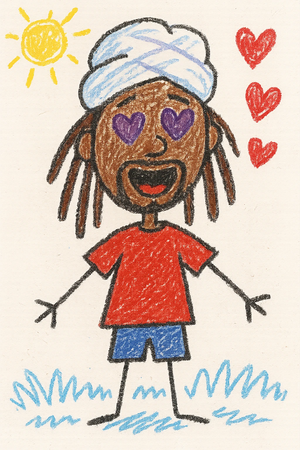 Brownskin man with long brown dreadlocks 
red t-shirt 
white turban 
expression is in love 
his eyes mouth open  emoji