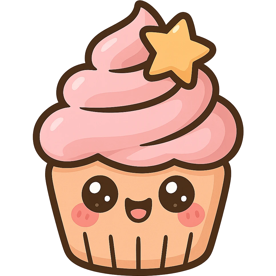a cute pink cupcake with a star accent, original design, big eyes, blushing cheeks, joyful emoji