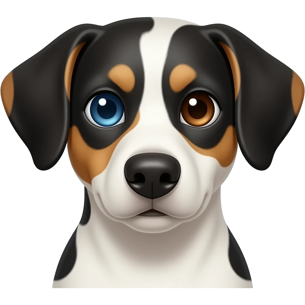 Frontal pic of Dalmatian beagle mix dog with one blue eye and one brown eye. One side of face is white. Both ears are black brown emoji