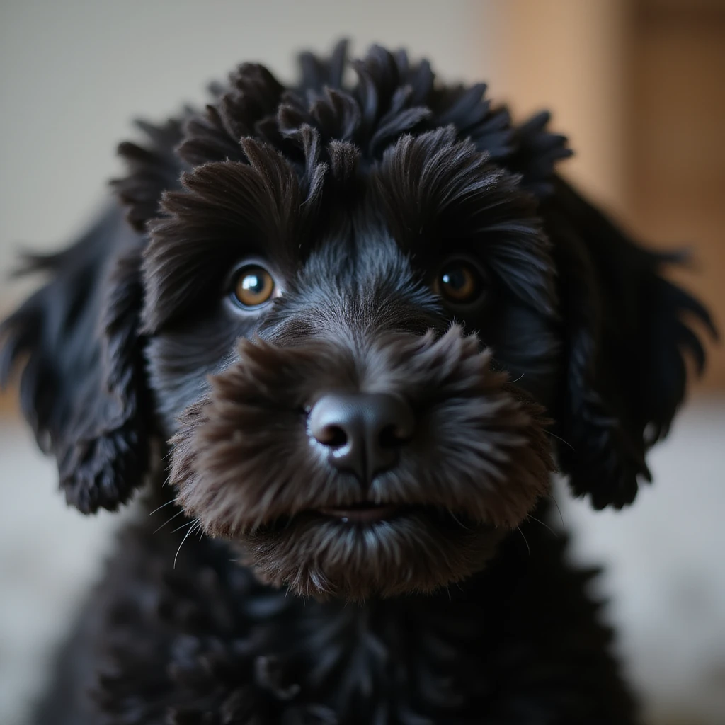 close-up portrait of a photorealistic black doodle dog with curly fur, accurate details, soft blurred background emoji