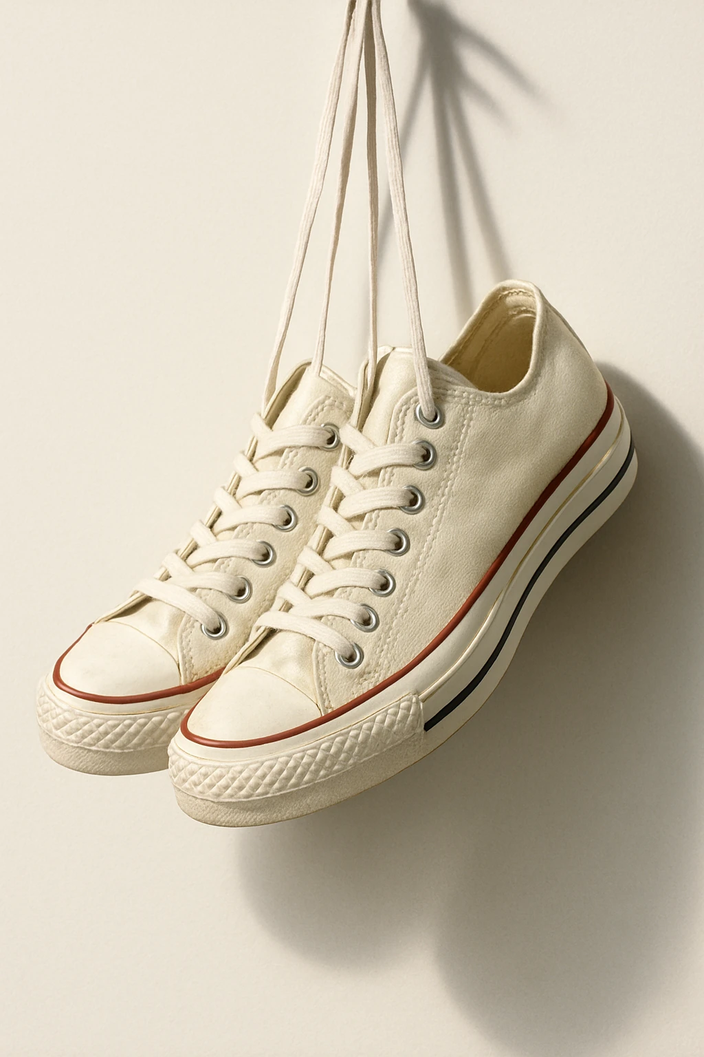 realistic detailed sneakers hanging on laces, soft shadows, white background emoji