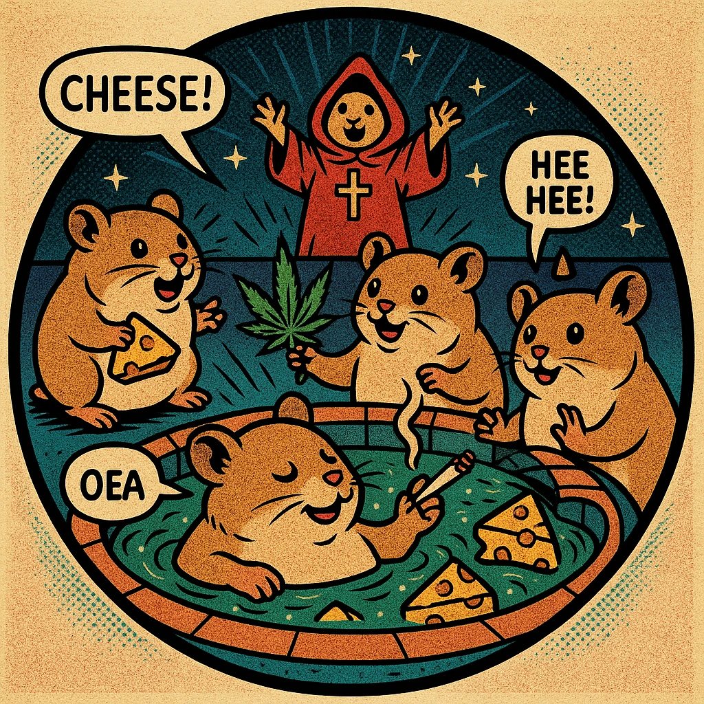 discord server icon, circular, centered composition of a hamster cult weed and cheese pool party at night, 80s comic book style, halftone dots, speech bubbles, dynamic action lines emoji