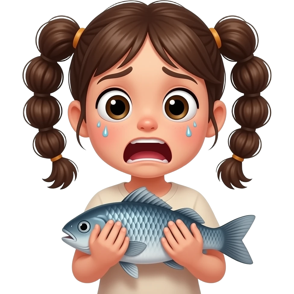 a girl kid with circular pony tails screaming holding a fish scared emoji