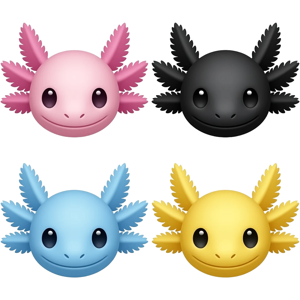 4 axolotl one pink one boack one blue one yellow heads emoji