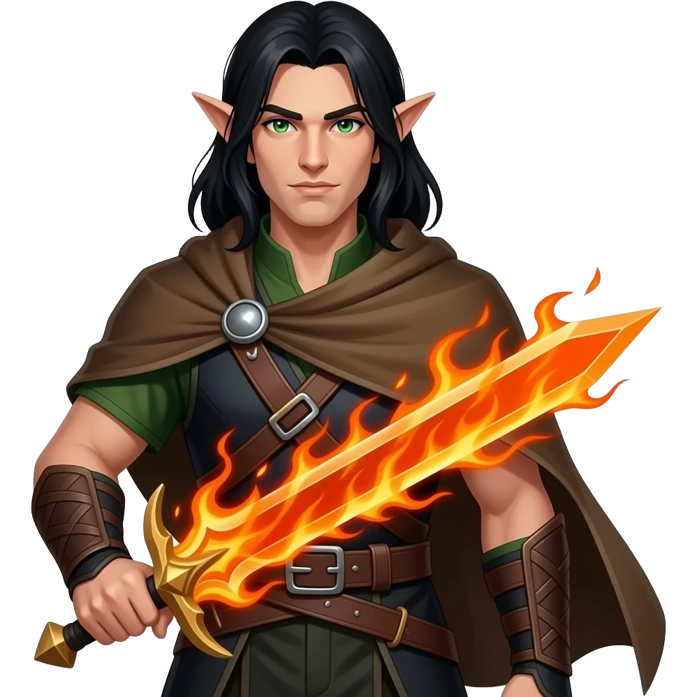 a rouge elf dnd with green eyes and black hiar dnd he is holding a  flaming longsword emoji