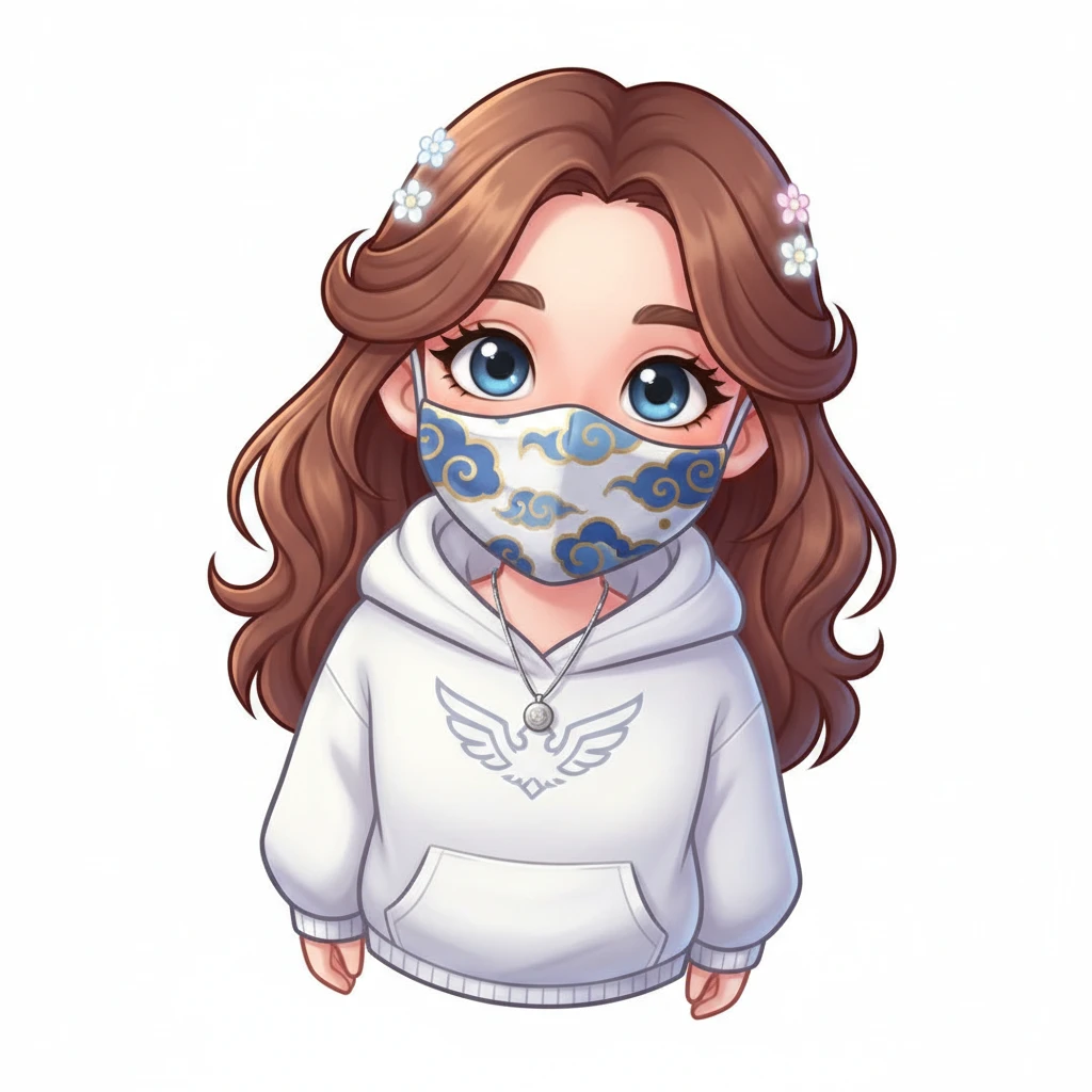 a beautiful girl wearing mask, front view,  Frontal Top-Down Soft Light, white background, portrait, casual cartoon stylized game mobile emoji
