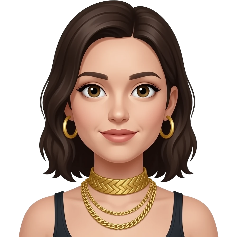 remove white makeup off her face also remove the silver earrings and replace with gold hoop earrings, remove necklace and choker and replace with a gold herringbone chain and two more layered gold chains emoji