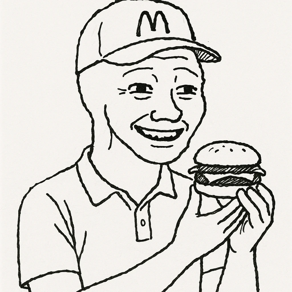 wojak meme style, McDonald's worker smiling, holding a burger, simple background emoji