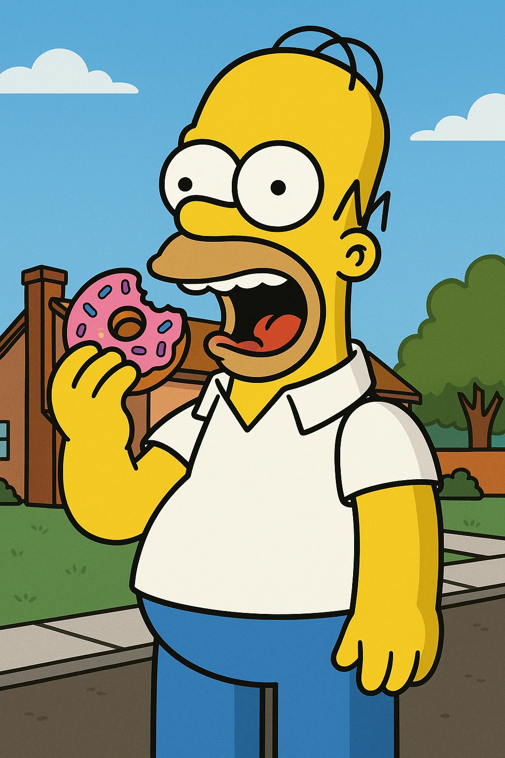 Homer Simpson classic cartoon style, yellow skin, bald head with two hairs, white shirt, blue pants, eating a donut emoji