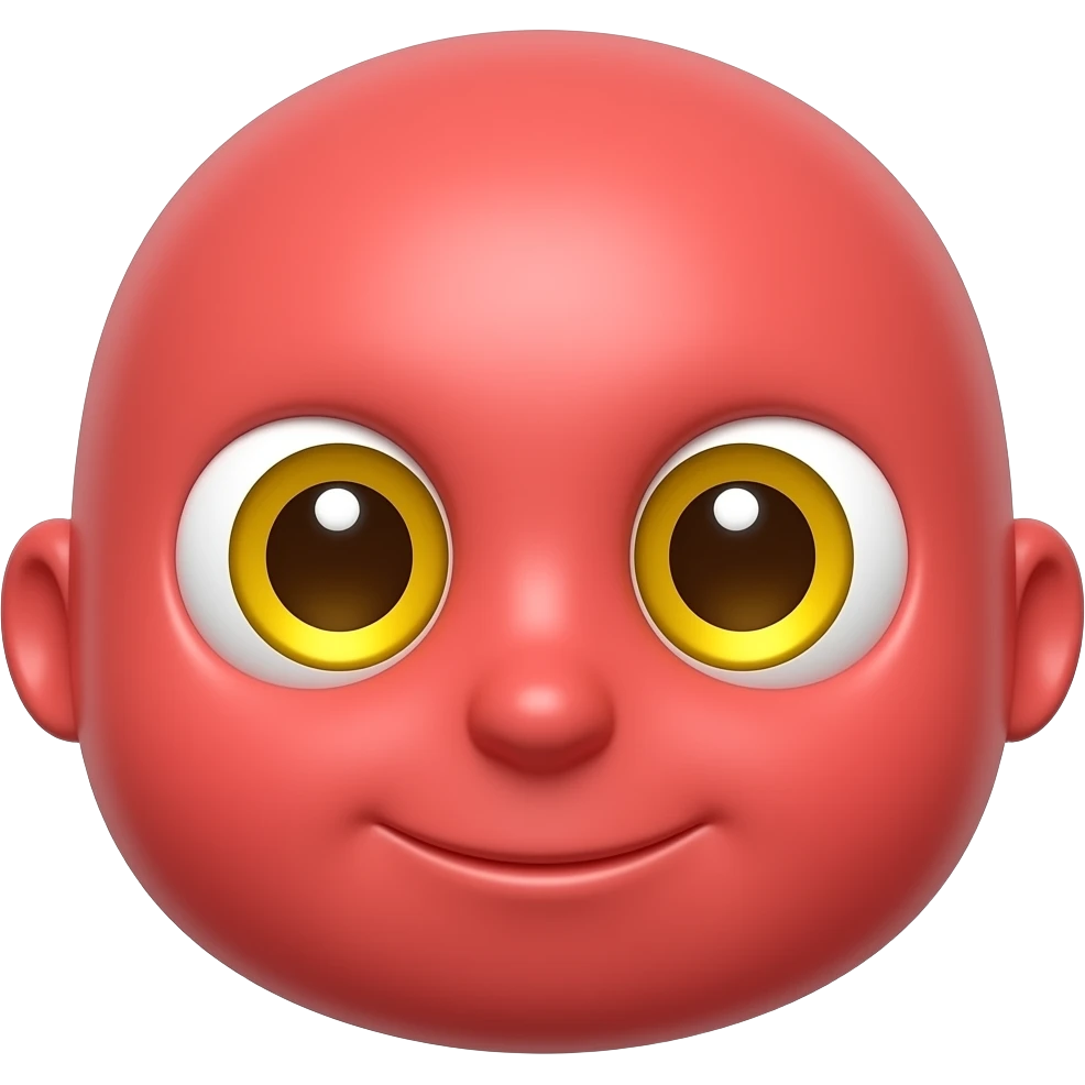 새빨간 얼굴의 홍조를 하고 있는. 노란 눈알  갈색 동공.   귀여운 만화 입체적 이모티콘 emoji
