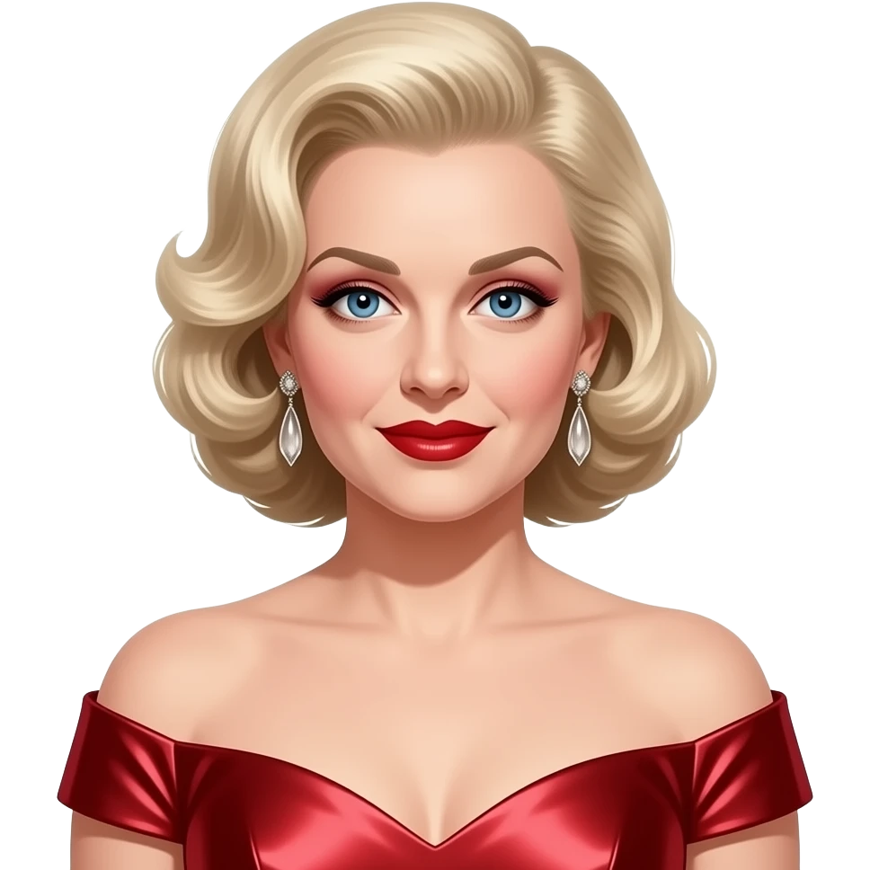 Bette Davis with blue eyes, ash blonde hair, red eyeshadow, red lipstick, red metallic off shoulder dress, earrings emoji