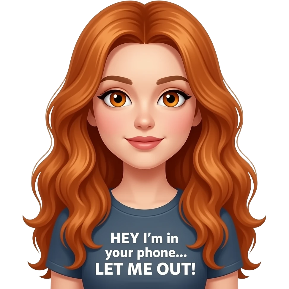 sexy girl with overlong ginger hair and ginger eyes a top with HEY I'm in your phone... LET ME OUT! written on it emoji