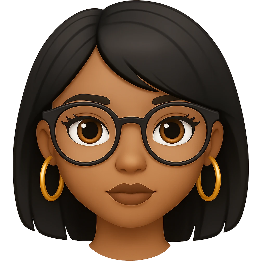 Add gold hoop earrings and stylish glasses to the light brown skin girl with small lips, black layered hair, and doe eyes in emoji style. emoji