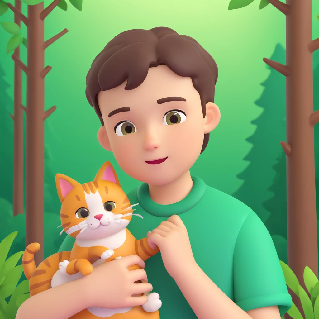 boy and cat pet in forrest background, close up pose emoji