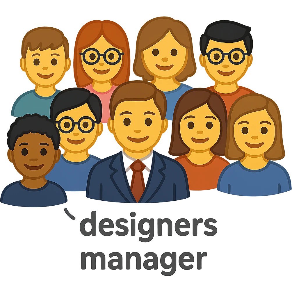 A group of 8 designers and one manager depicted in emoji style, with the text "designers manager" emoji