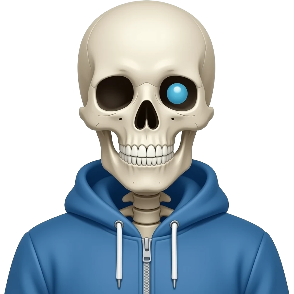 sans the skeleton with blue jacket it looks like a sweatshirt and glowing blue fire in the midlle of his right eye and its a bit smaller and going to the top right corner and remove the fire and place a light blue dot in the middle of that eye emoji