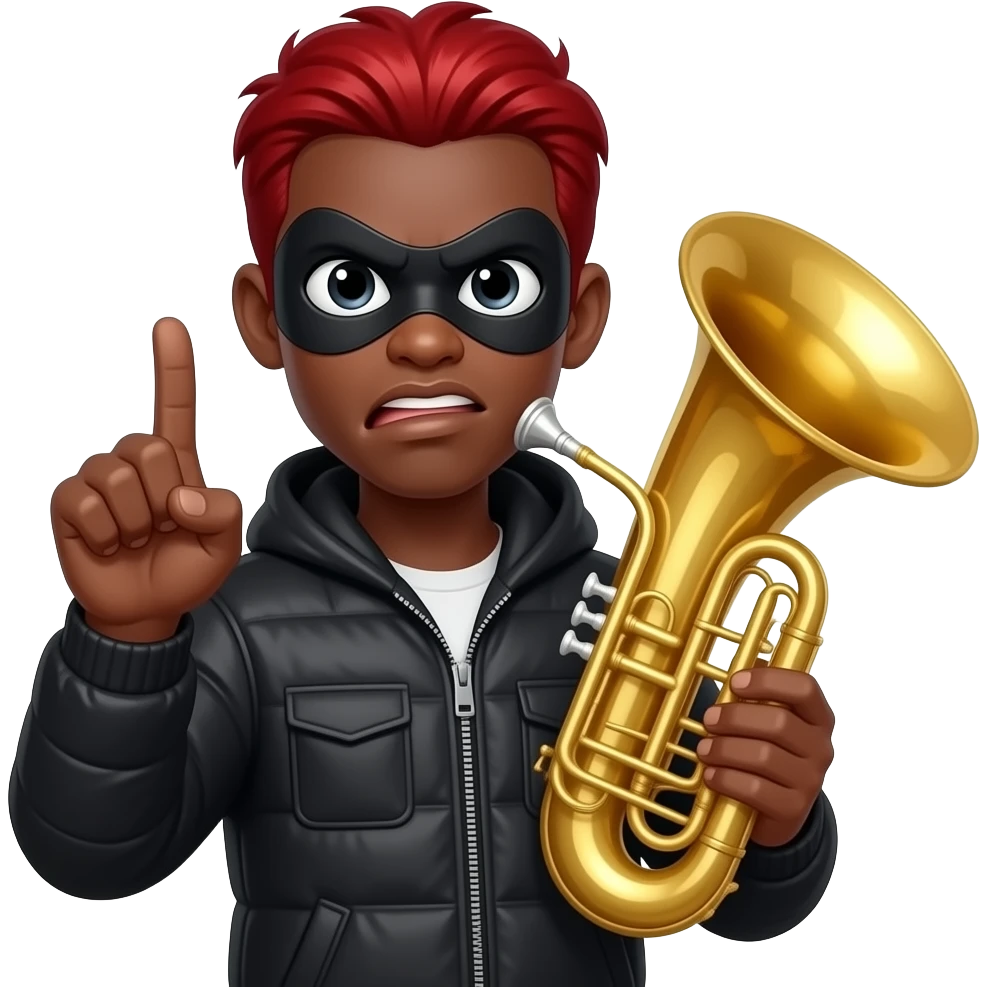 give me a black-skinned guy emoji who's showing with his thumb that everything fine, also on the other hand he holds a jumbo instrument he should have red hair, his eyes should be small and wide his mouth should be mad and his eyes should be really small. on his head he should have the robber mask emoji