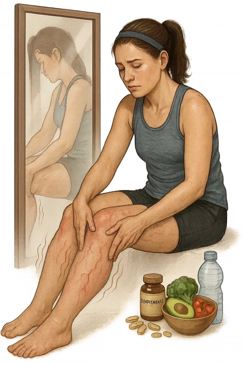 Donna tra i 25 e i 35 anni in abbigliamento sportivo, seduta o in piedi davanti allo specchio, mentre massaggia con forza le sue gambe gonfie, con espressione determinata ma affaticata. Intorno alle gambe si vedono simboli visivi di gonfiore e ritenzione (gambe leggermente arrossate, vene visibili, contorni delle gambe evidenziati da linee simboliche). Sullo sfondo: integratori naturali, alimenti sani e una bottiglia d’acqua, come strumenti di supporto. Atmosfera di lotta personale, luce neutra ma con accenti di speranza. Stile realistico e educativo emoji