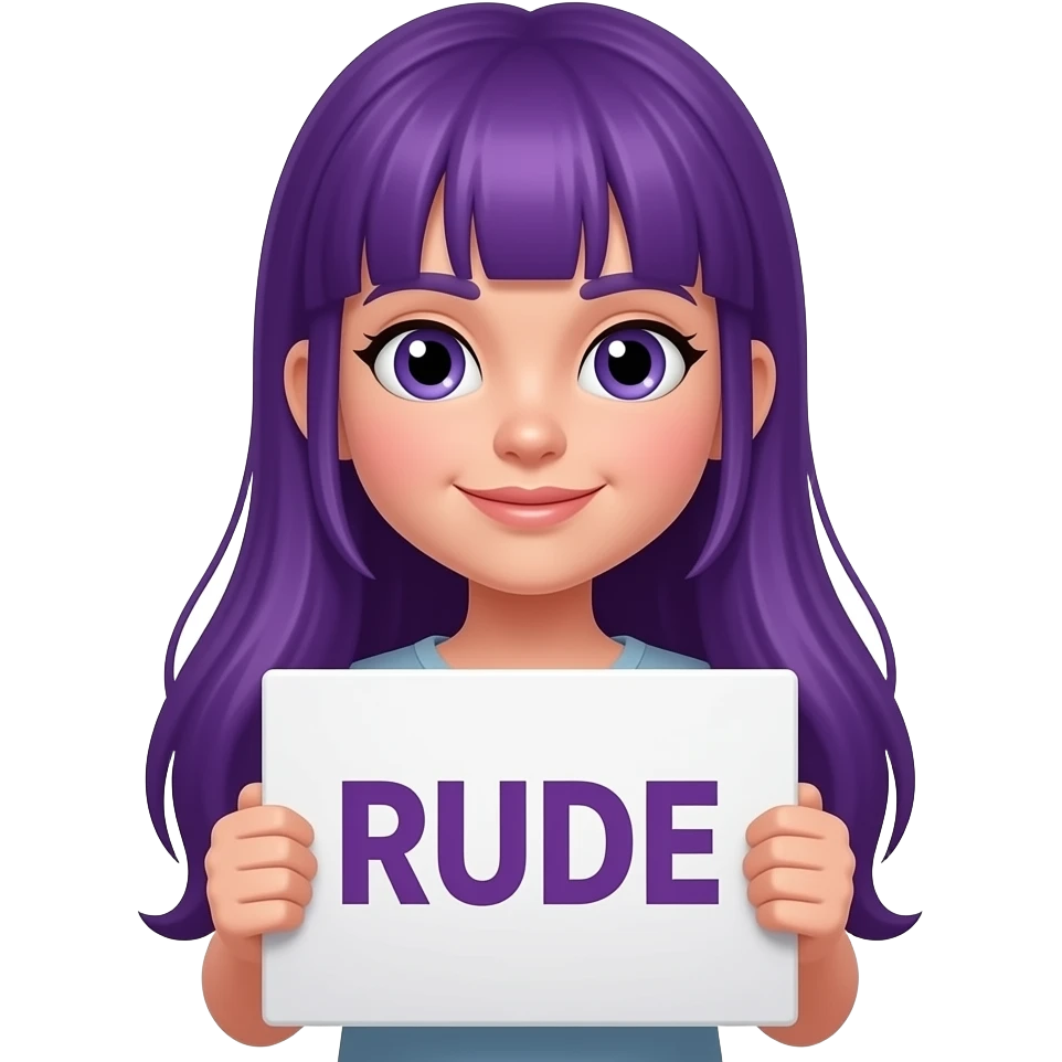 girl with long purple hair holding a RUDE sign emoji
