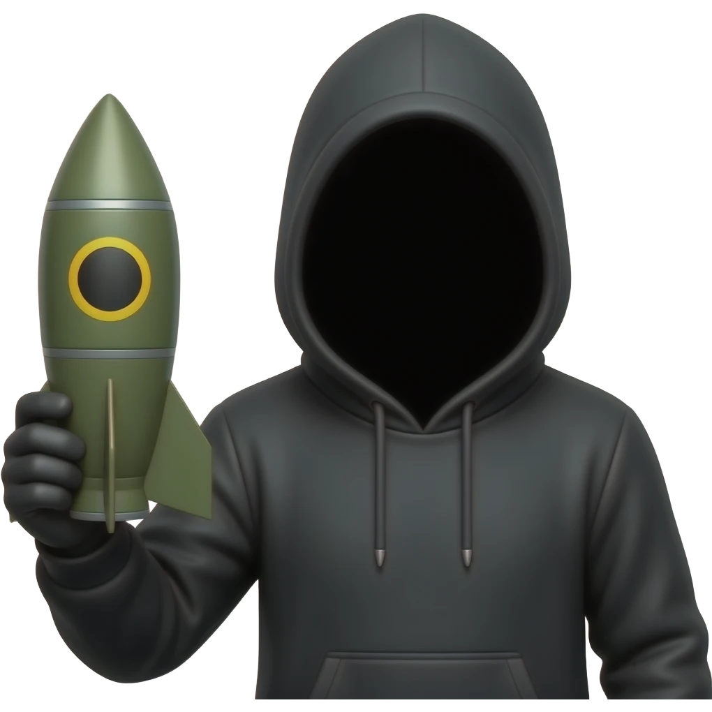 Shadow person wearing a Black hoodie with entire face is hidden in shadow. holding a large nuke in one hand. One eyebrow raised emoji