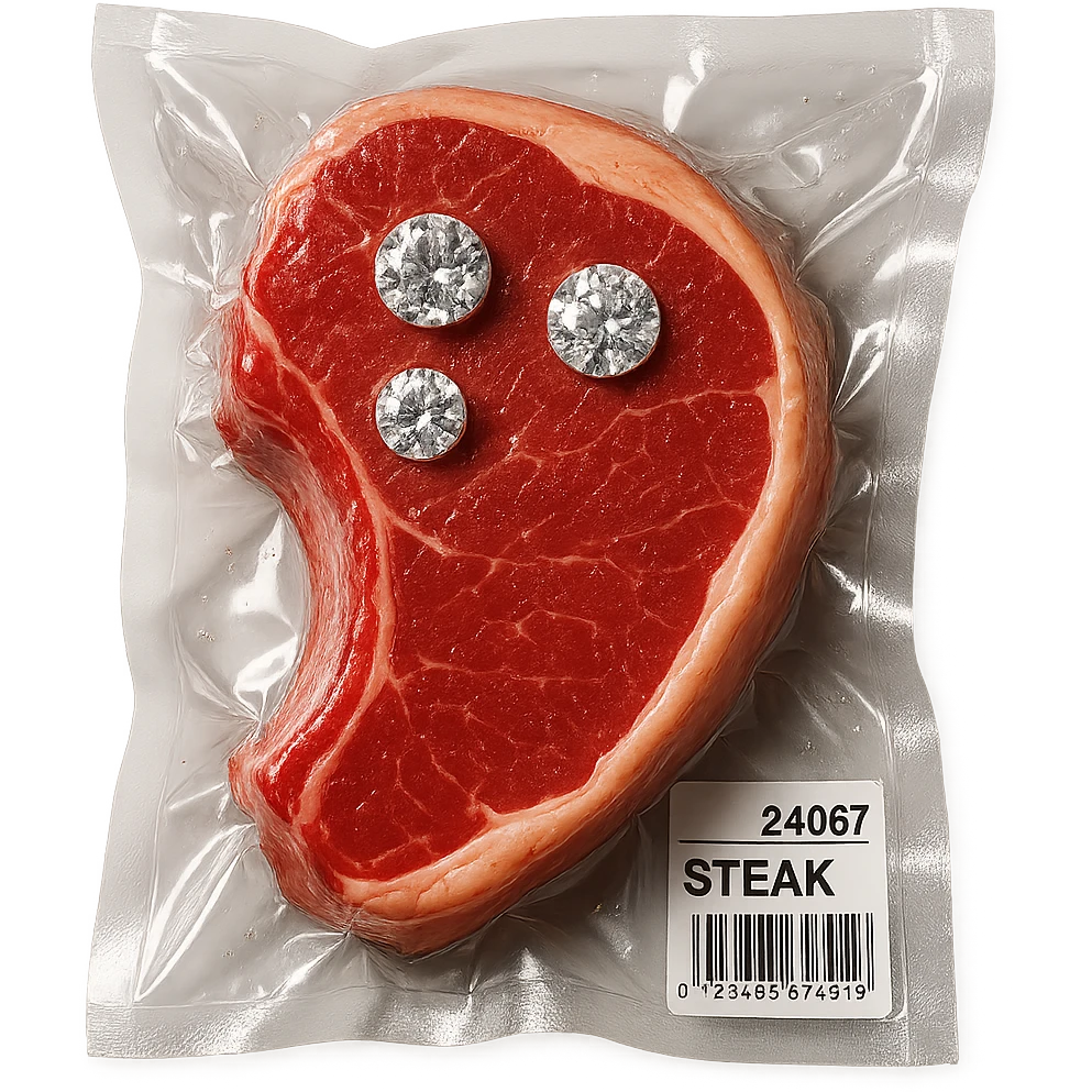 juicy steak with diamonds on top, shiny and inflated, vacuum-sealed style emoji