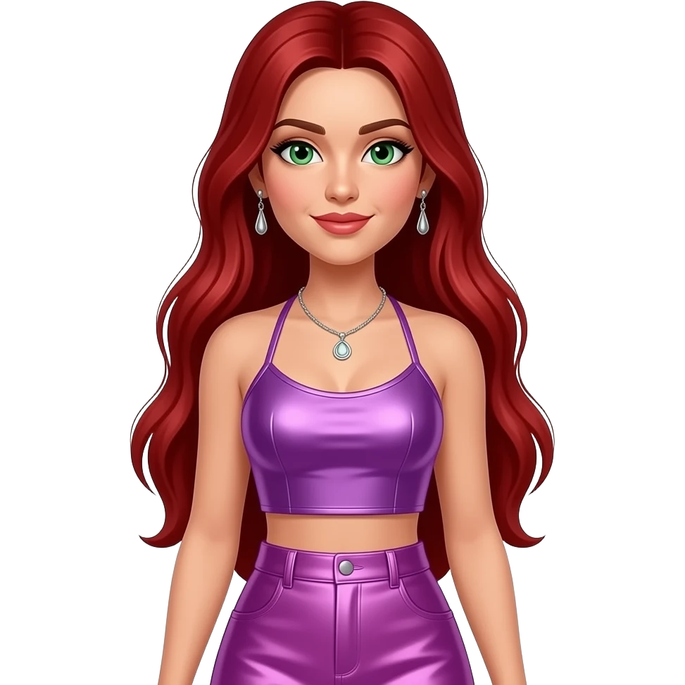 Carmit Bachar with green eyes, long red straight hair, purple metallic halter crop top, pink metallic long skirt, necklace and earrings emoji