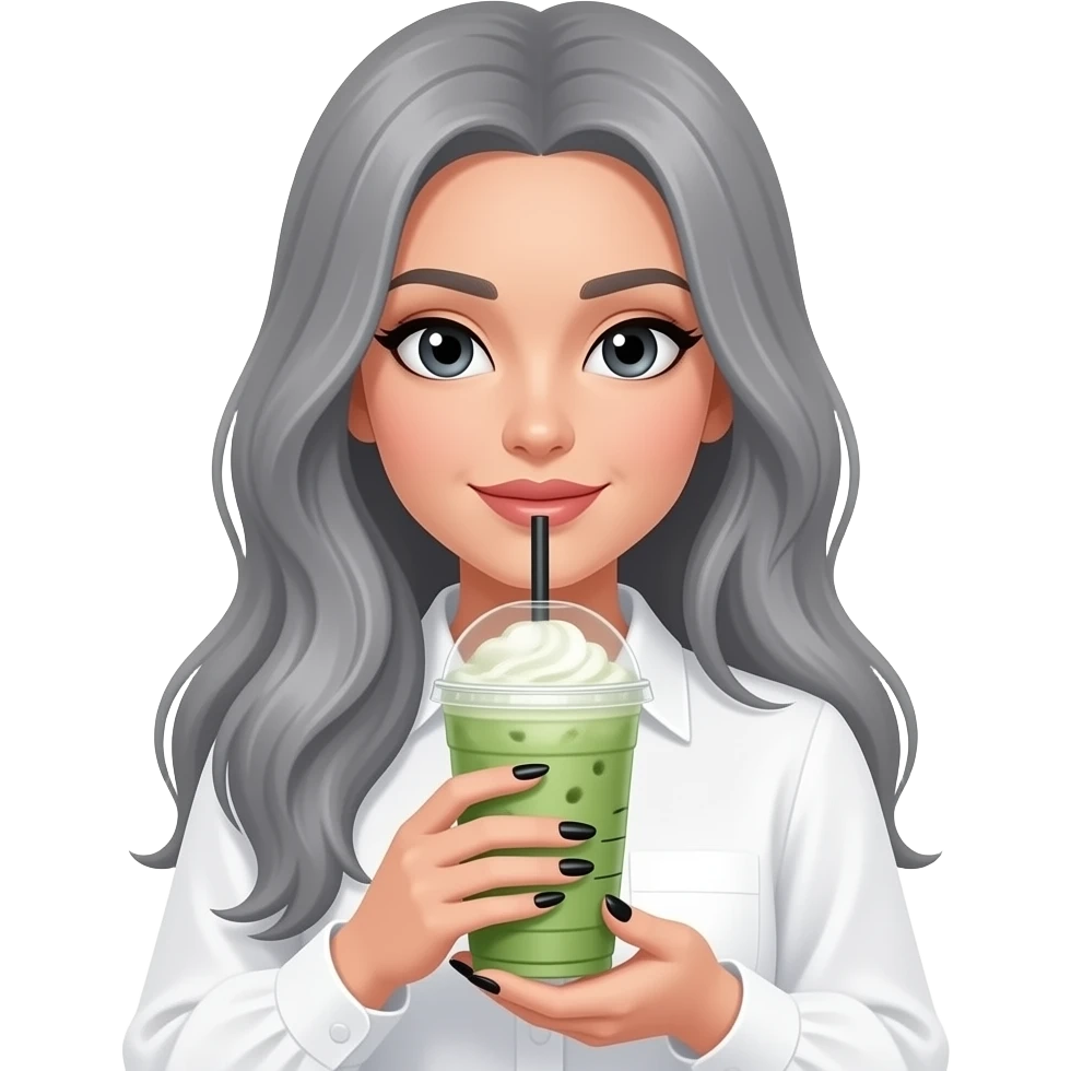 lady with black eyes and grey very long hair, long black nails and holding a large iced matcha, wearing a white blouse emoji