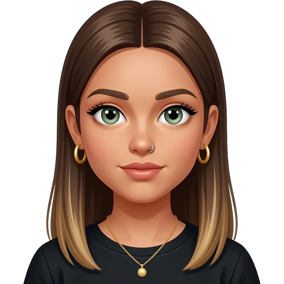 17 year old girl with straight long  brown hair with very thin grown out highligts , green-grey eyes and long eyelashes, tan skin, gold hoop earrings, dainty gold necklace, wearing a black top and a very small nose piercing stud on the left side emoji