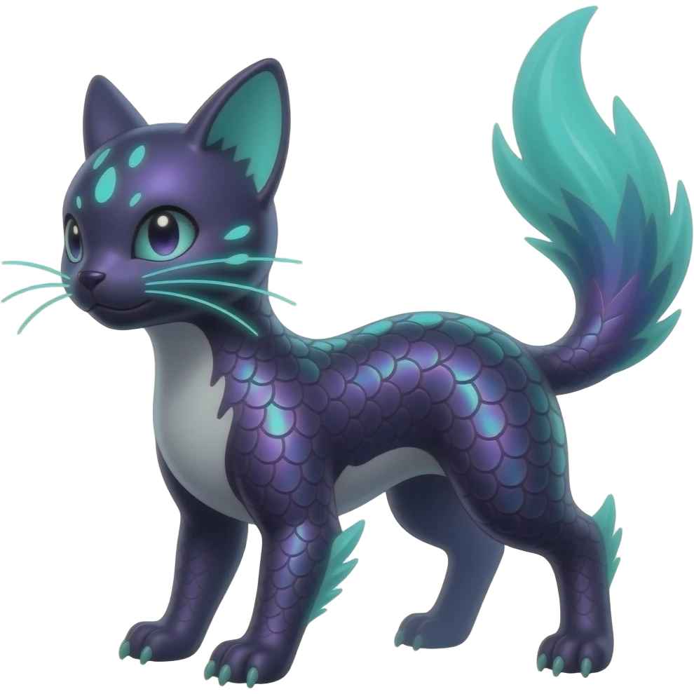 Realistic dusky iridescent-scaled slim smooth shiny glossy elegant mature bioluminescent oil-dark, purplish, neon-cyan-accented, back-finned, abyss-fantasy-Zorua-Vaporeon-Umbreon-Lykoi-Civet-Fakémon-fusion, with thin neon-glowing bulb-whiskers, koi-piebald-flecked full body emoji