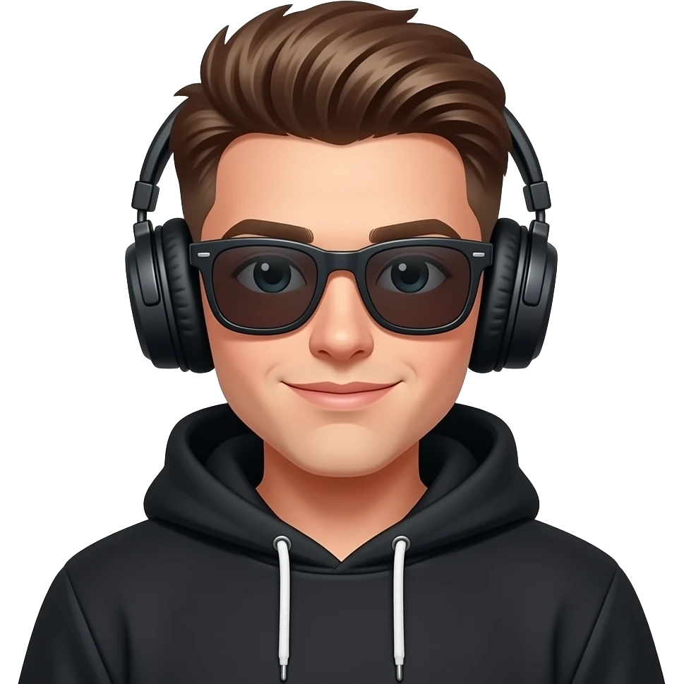 chico joven con corte de moda sudadera negra lentes oscuros y audifonos emoji