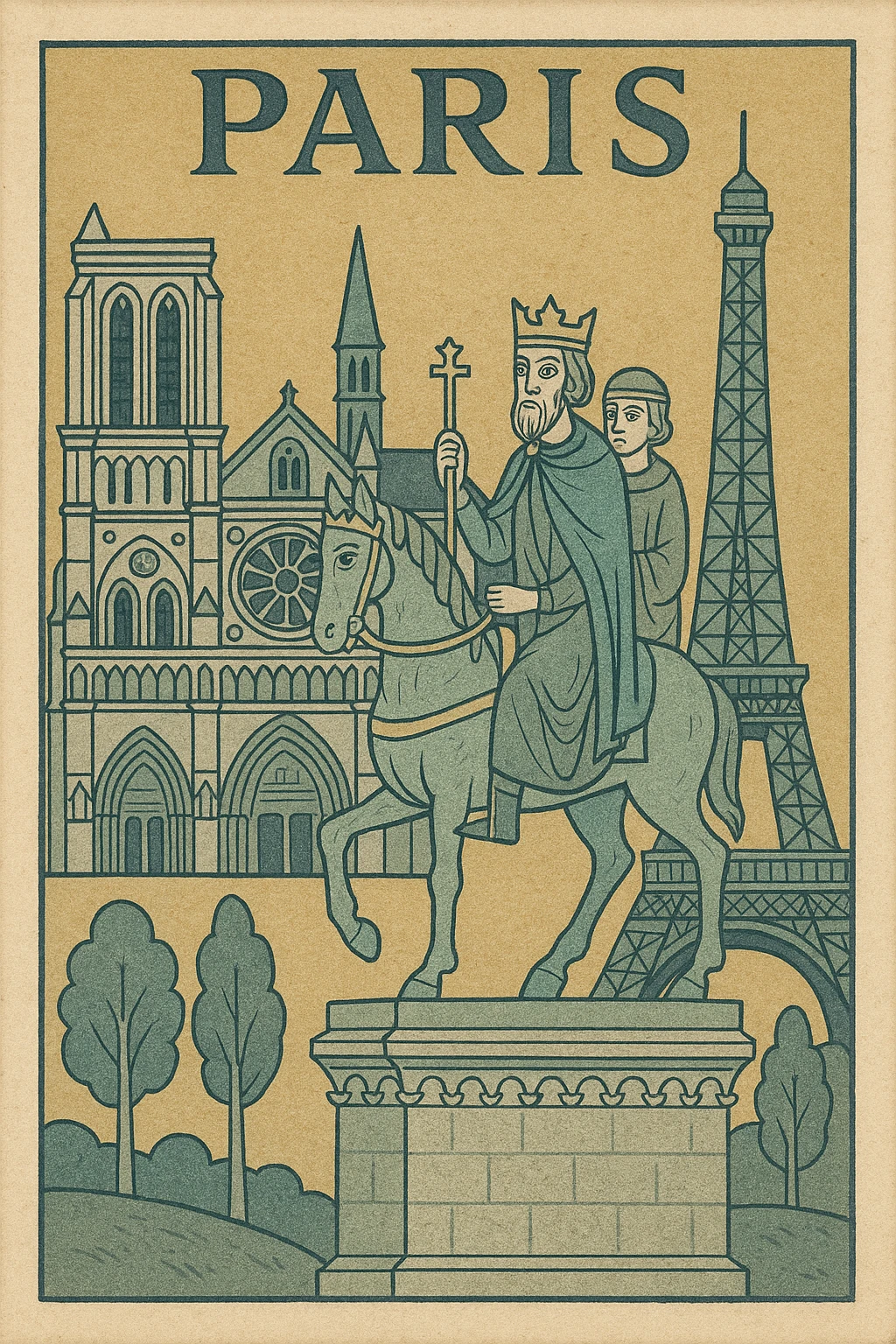 vintage style postcard showing Paris, old paper texture, soft shadows, nostalgic color palette, classic Paris landmarks, elegant border, warm tones, slightly faded, subtle creases, retro look emoji