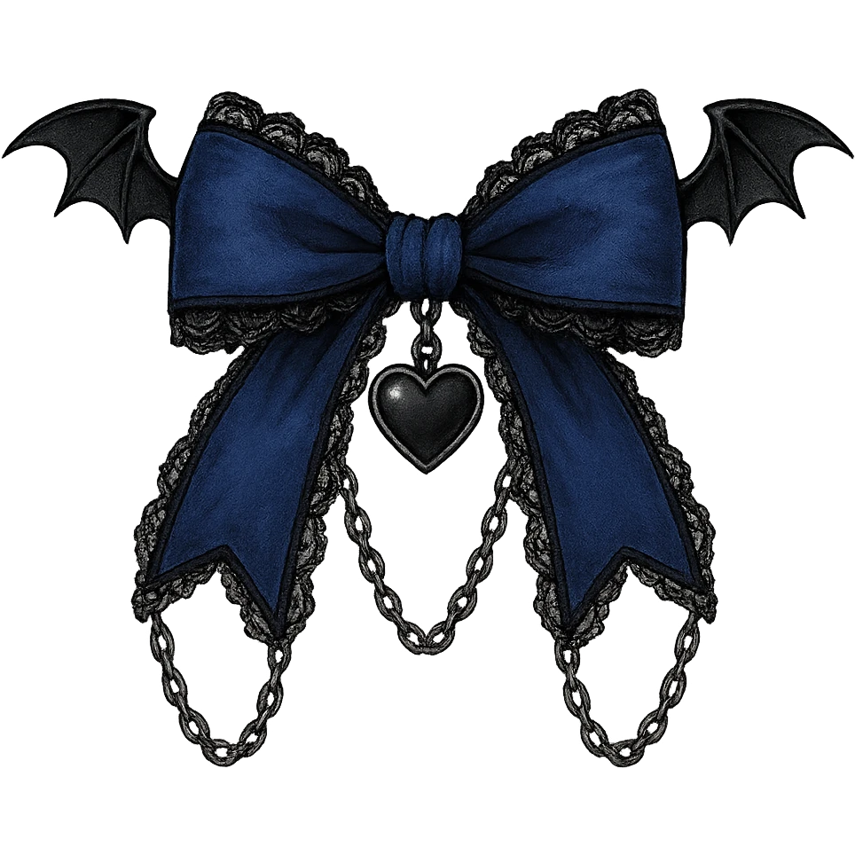 Edit the image to depict a blue gothic bow with black lace trim, a heart charm, bat wings, and silver chains. The background should be removed. Maintain a gothic style with detailed black lace and silver accents. emoji