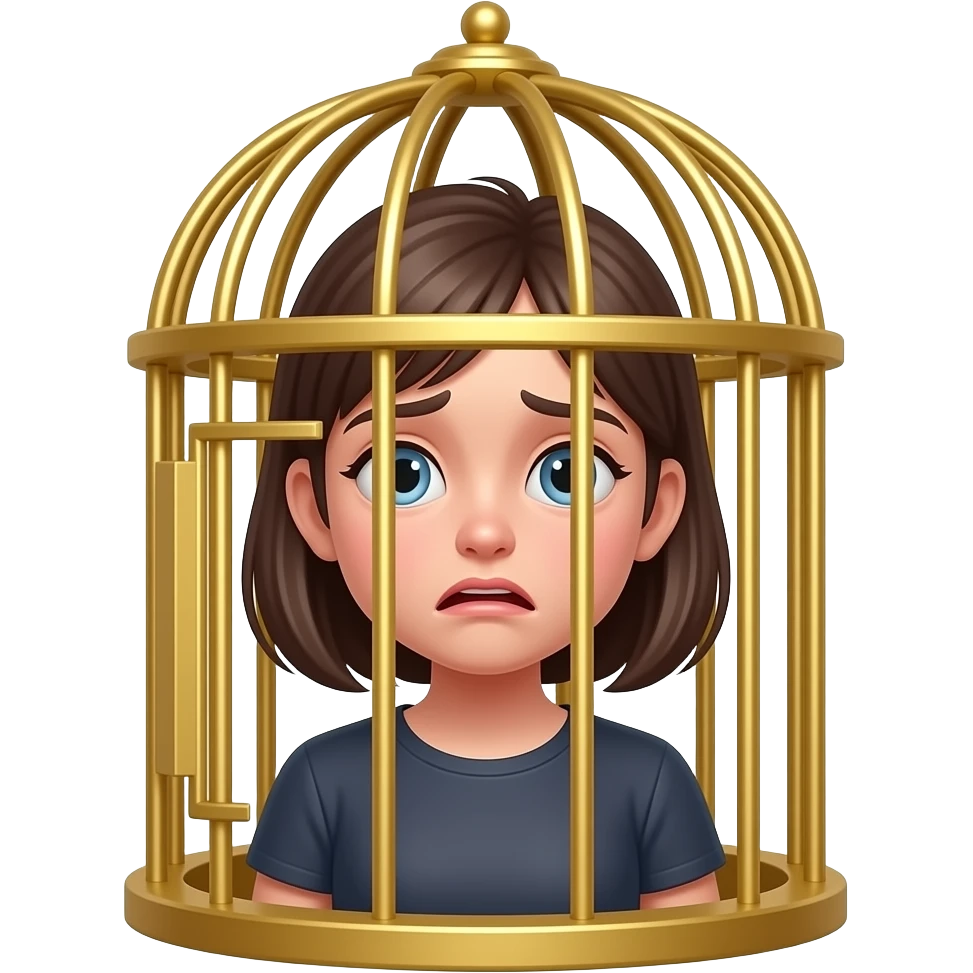 a girl  in golden cage sad and terrified emoji