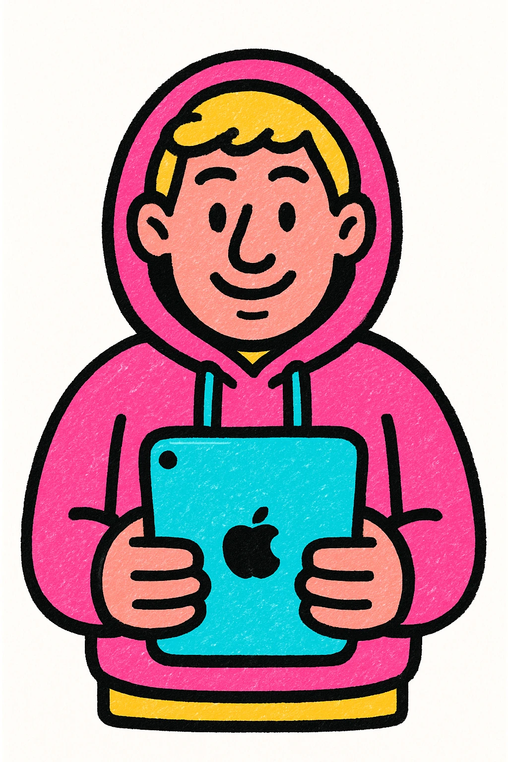 a man in a hoodie, holding an iPad, vibrant digital art, pop colors style emoji