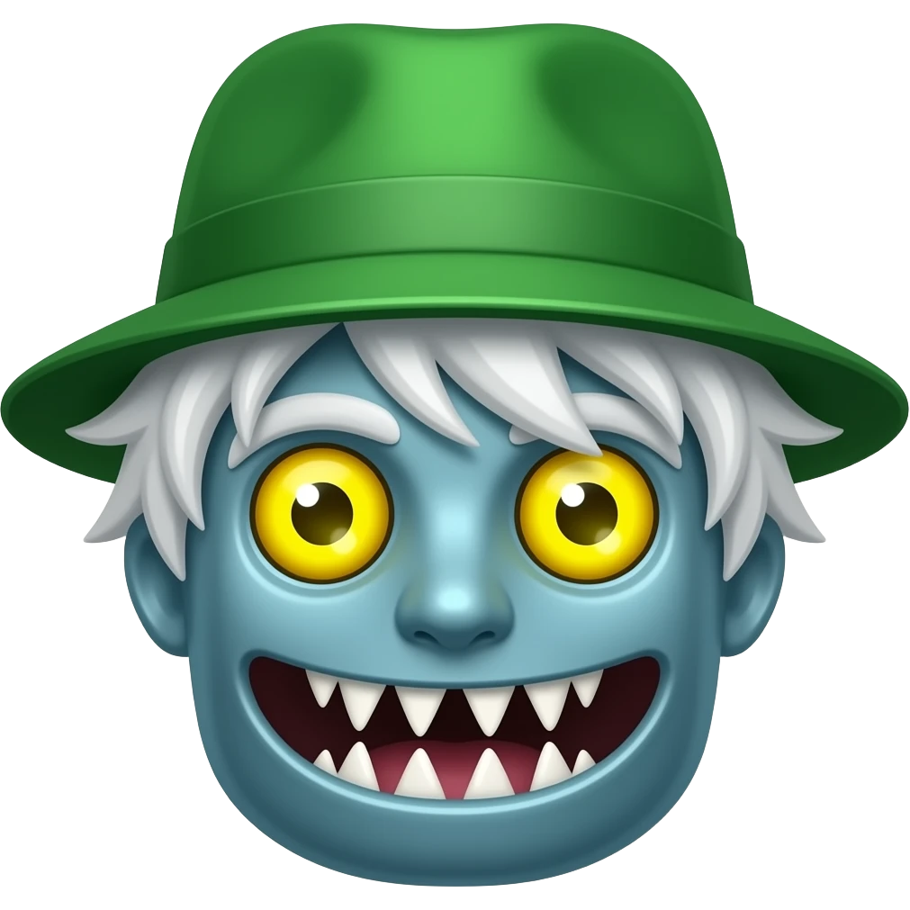 Un robot con ojos amarillos con una boca i unos dientes muy afiladas pelo blanco con ena gora otra gora emoji