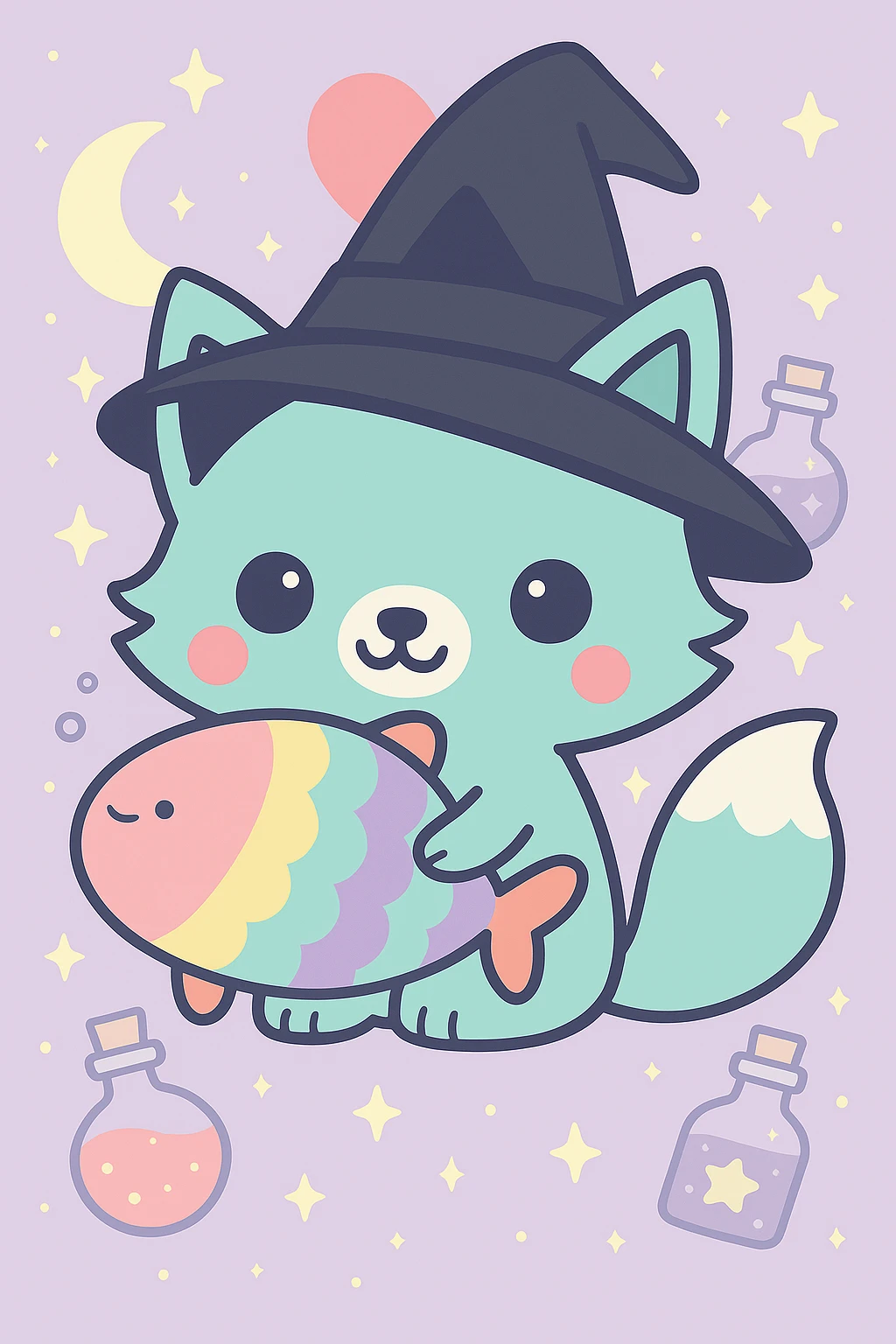 Add a classic black witch hat to the blue fox, keep the magical, witchy background and big pink heart, in kawaii cartoon style. emoji