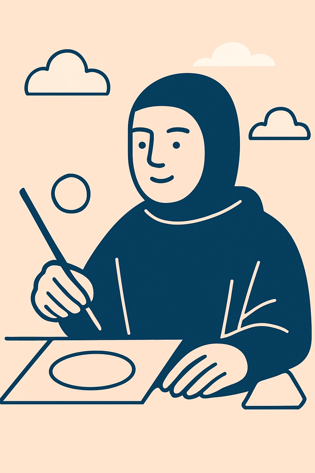 Remove the geometric shapes in the top left of the image to the left of the person drawing. Keep only the person and the drawing elements. Render in a navy flat minimalist style with clean, simple shapes and minimal detail. emoji