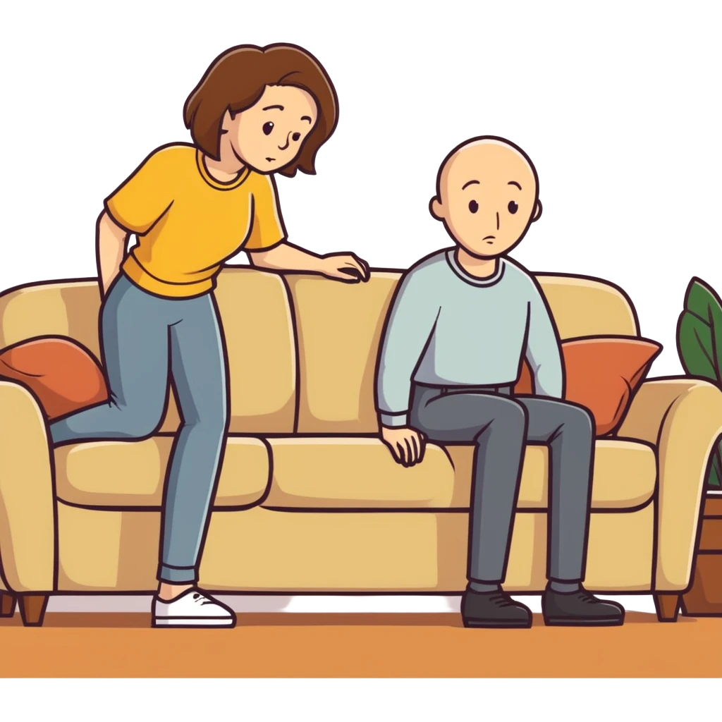  One Caucasian woman with brown hair, big boobs, wearing pants. Bent over couch. Bald man is having sex. emoji