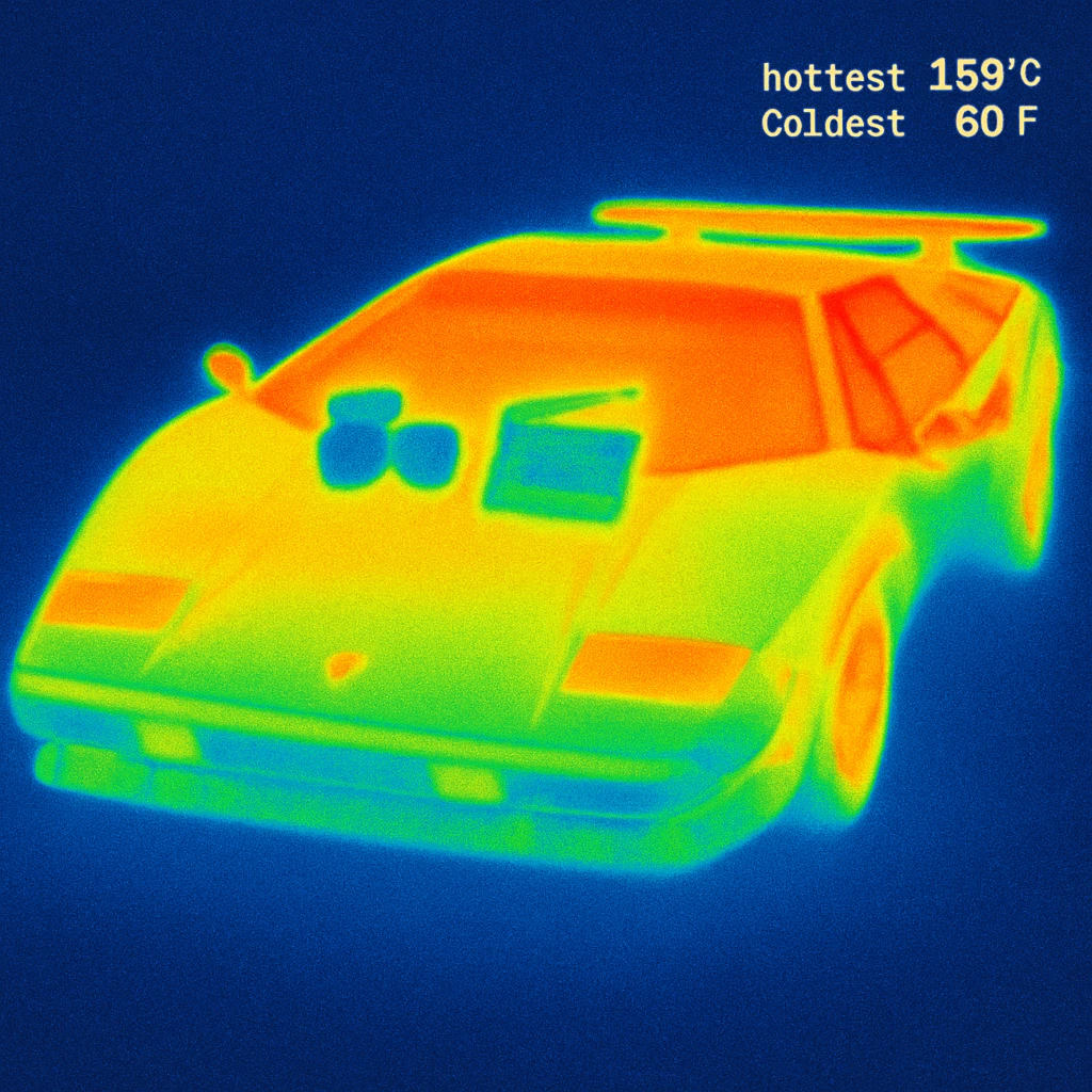 Lamborghini Countach with a camera and a clapperboard on the hood with a background emoji