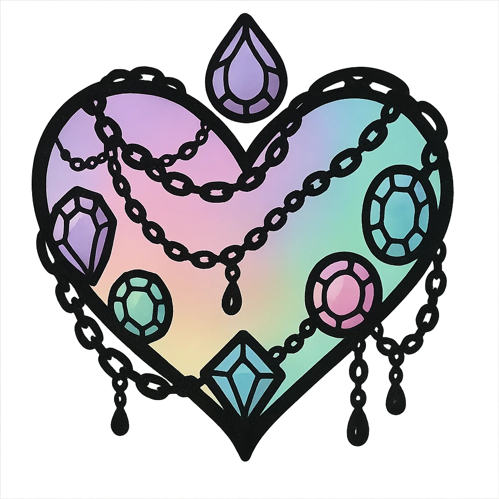 pastel goth heart with pastel gems and black chains, pastel rainbow and black, whimsical gothic style emoji