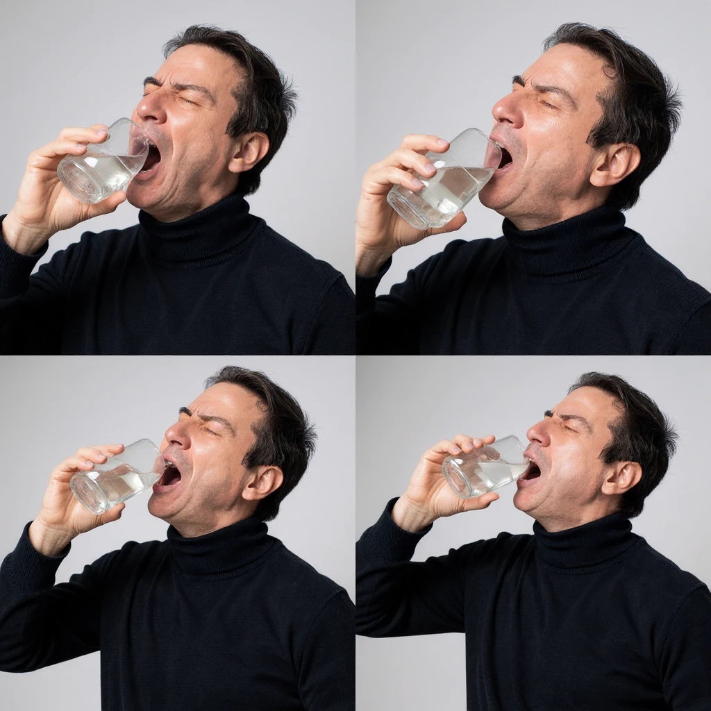 Create 2 vertical photos in 2:3 aspect ratio of a man quickly drinking a liter of water, inspired by the person in the reference image. Each photo should show a different phase of the action. Use a realistic style with a neutral background. emoji