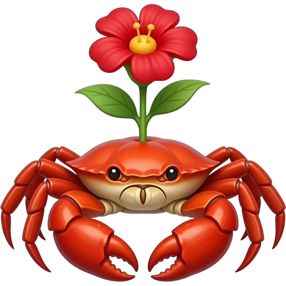 A red crab with a red flower growing on its back on its back red eyes facing forward emoji