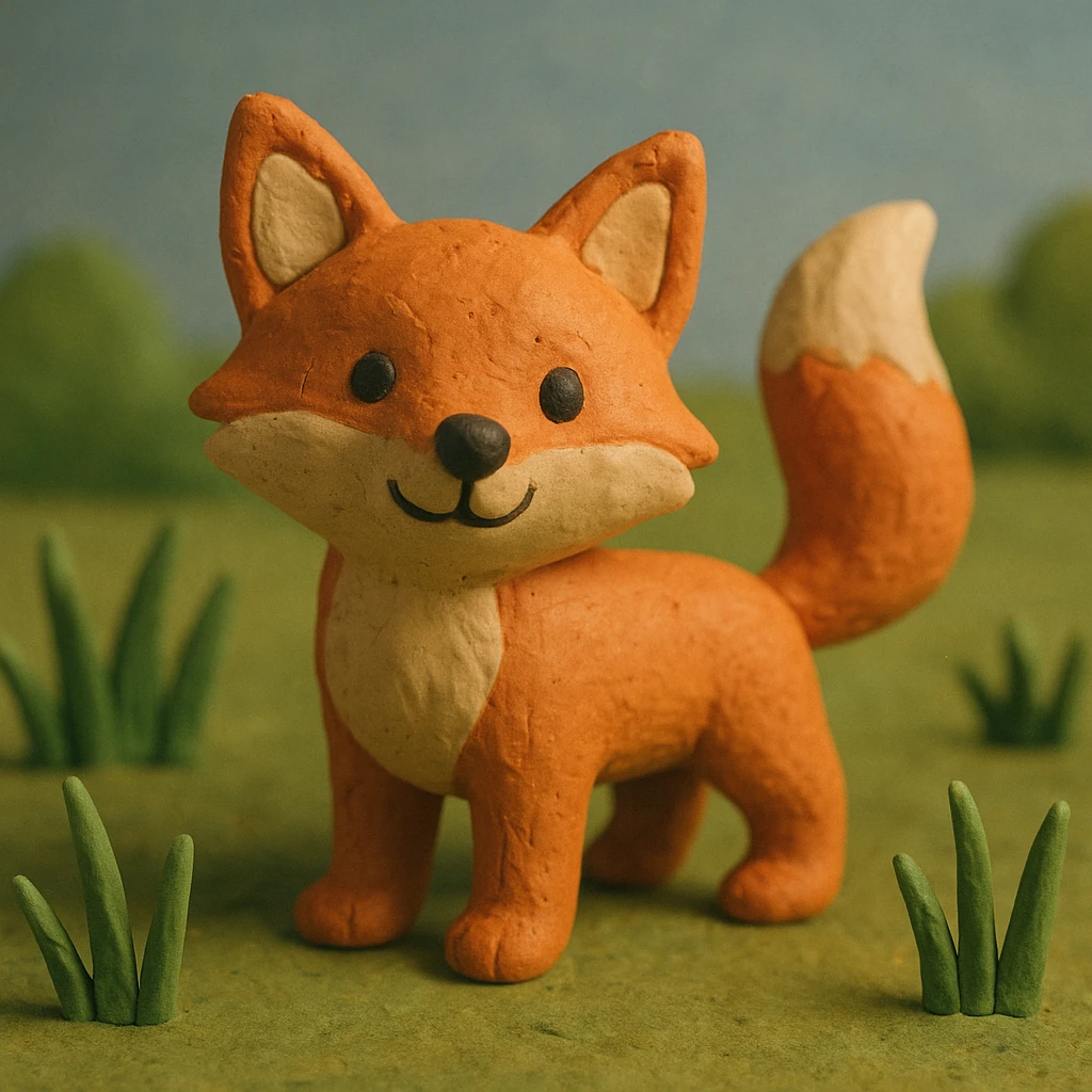 fox with a bushy tail, standing alert, cheerful and cute, in a grassy meadow, claymation style emoji