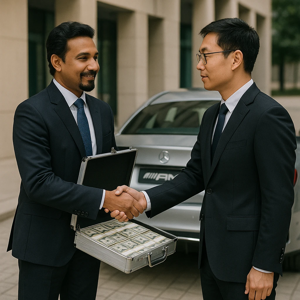 A light-skinned Indian man with a goatee shaking hands with a Chinese man, the Indian man is giving the Chinese man money in a briefcase, and there is an AMG car behind the Indian man. emoji