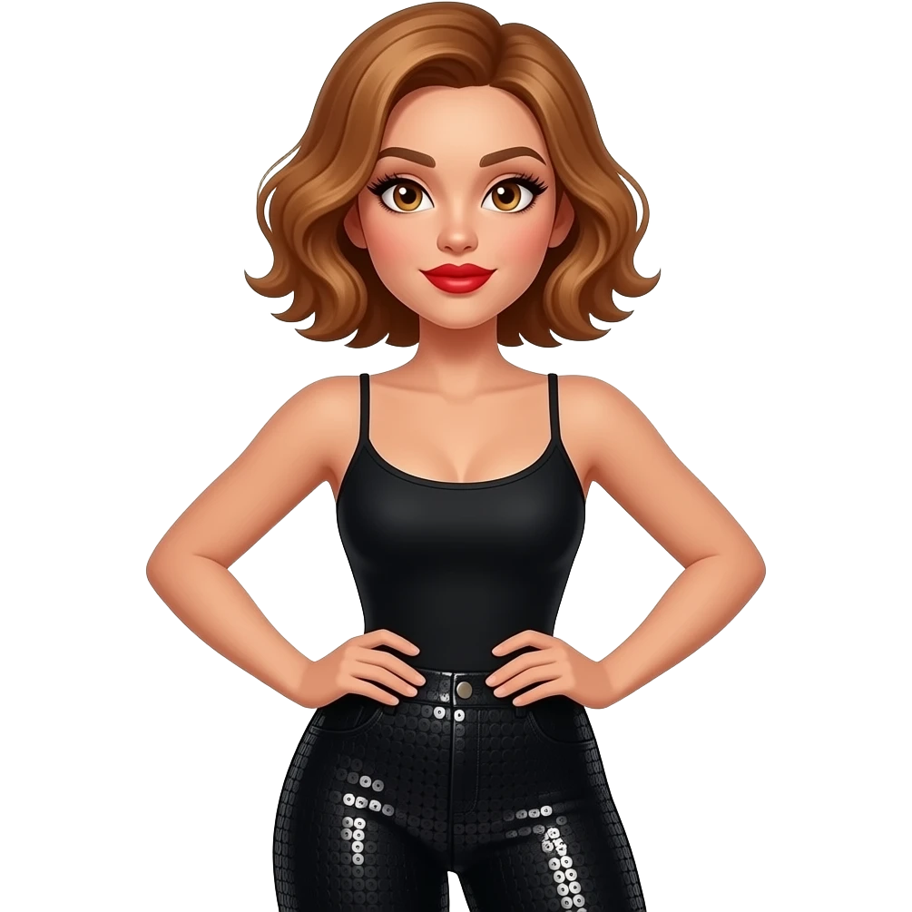 glamours,-tanned,-very-beautiful-woman-with-big-plump-red-lips,-long-long-lashes,-honey-silky-very short- hair,-wavy-hair,-hazel-eyes- wearing-black-bodysuit-and-black-sequinned-pants-black-and-arms-shrugging-waist-up emoji