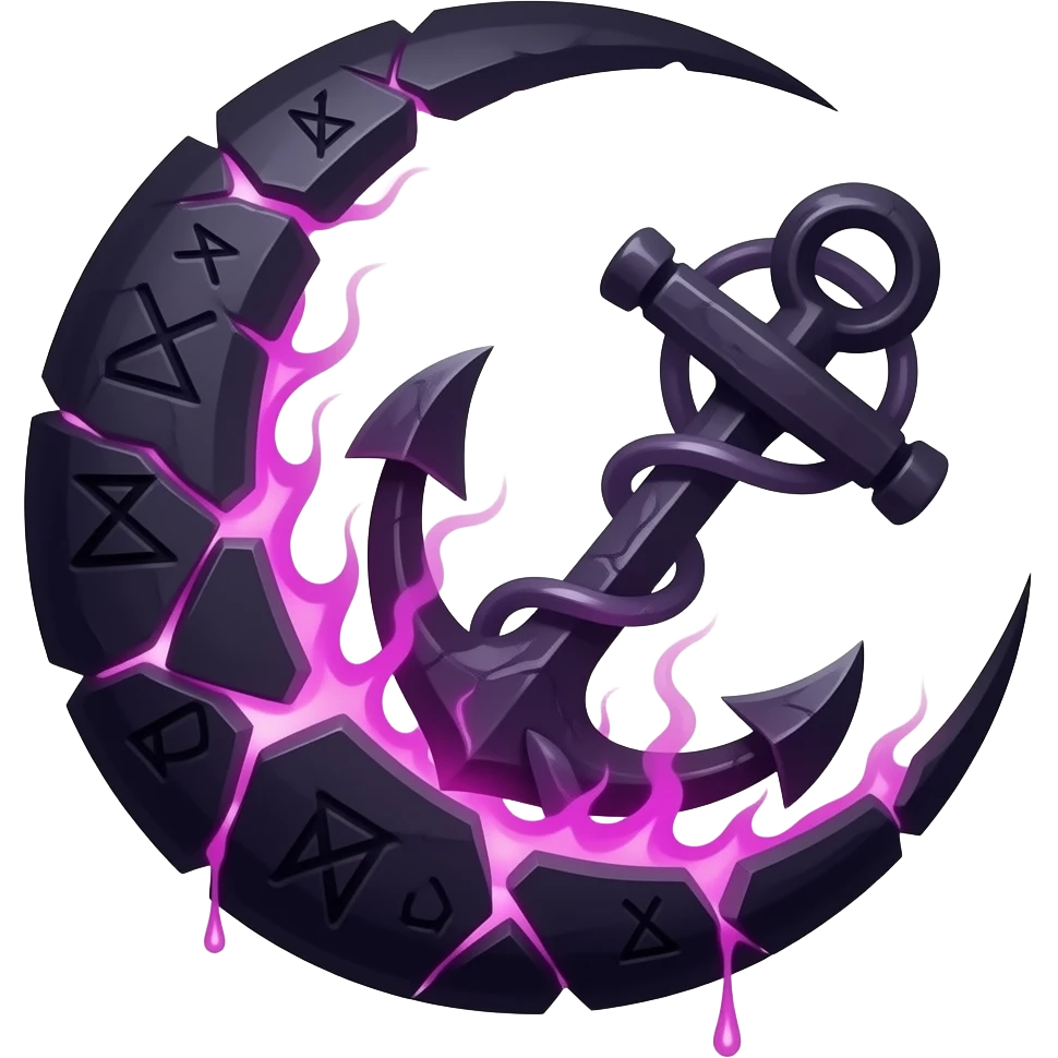 „blackened crescent‑moon fused with a jagged anchor, cracked runic engravings glowing violet, thin pink curse‑energy leaking like burning veins, soft moonlight catching the cracks, drifting shadow‑mist, ultra‑detailed, black‑violet‑pink palette, no characters“ emoji