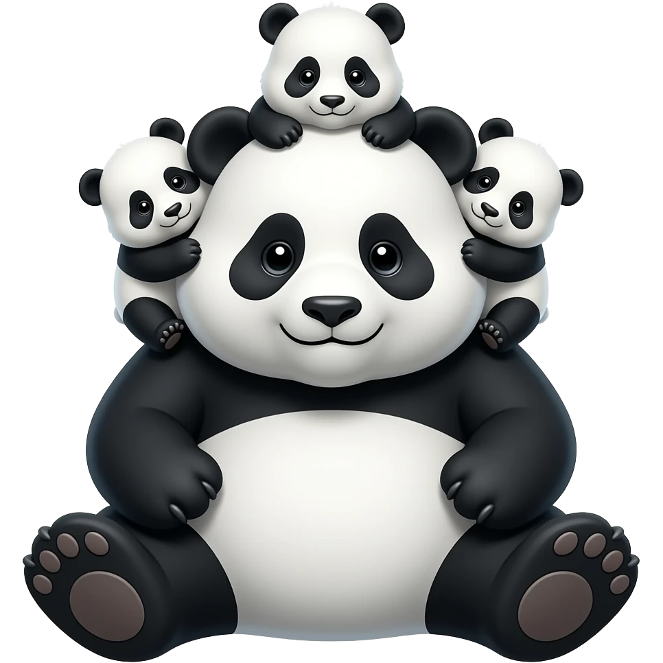 A fat panda that is sitting with 3 baby pandas sitting above it emoji