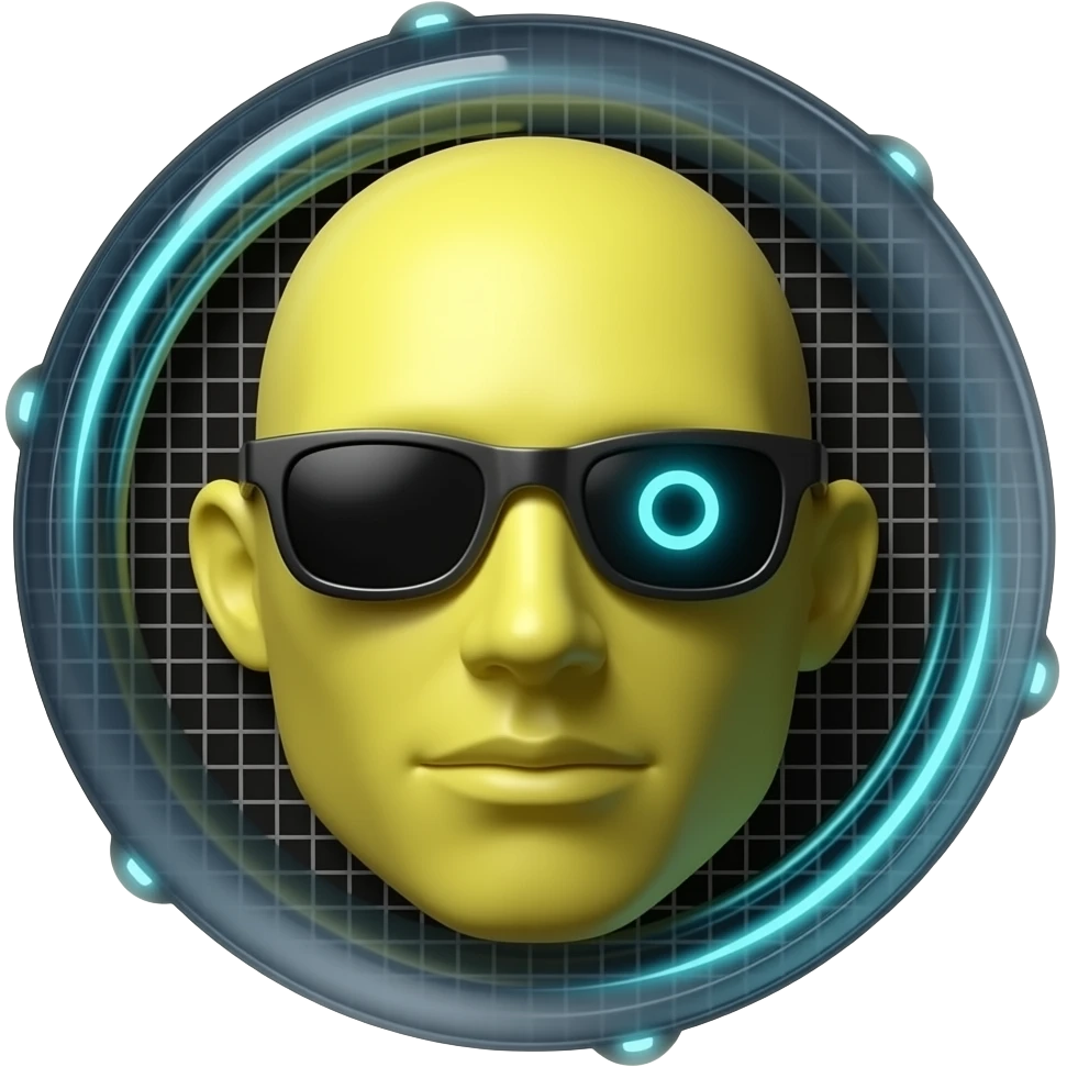 Emoji de cara amarilla con gafas de sol gira lentamente, la luz se refleja en su superficie, el fondo de cuadrícula permanece estático. hacer que el emoji se vea mas moderno y que el fondo sea negro darle un toque futurista y en 3d que inspire terror emoji